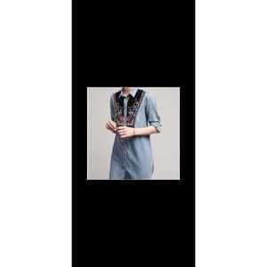 Holding Horses Top Murrelet Embroidered Bib Chambray Denim Tunic Top Sz 8